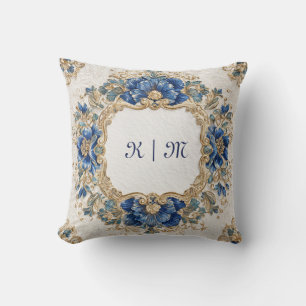 Coussin Cadre Rond Floral Baroque Or et Bleu Royal