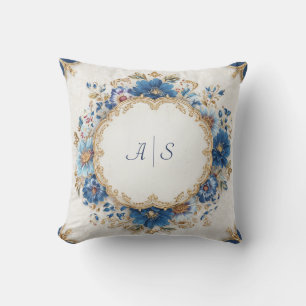 Coussin Cadre Rond Floral Rococo Or Bleu Royal Opulent