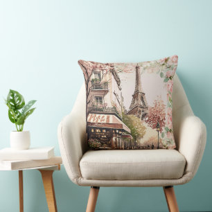 Coussin Café parisien Tour Eiffel rose vif Roses français