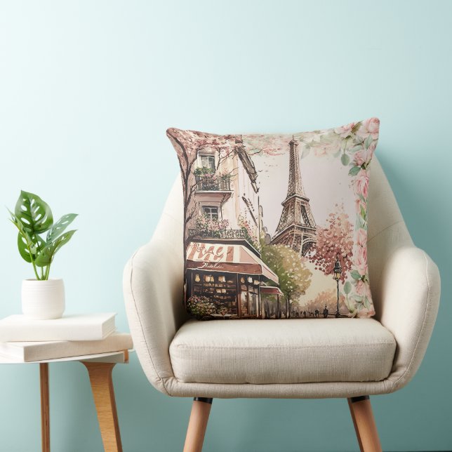 Coussin Café parisien Tour Eiffel rose vif Roses français (Chaise)