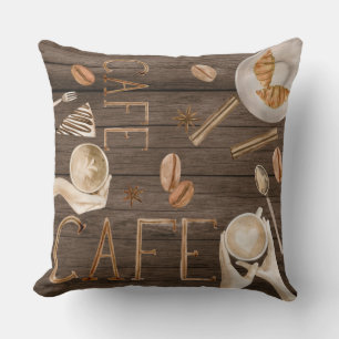 Coussin Café Watercolor Café sur bois
