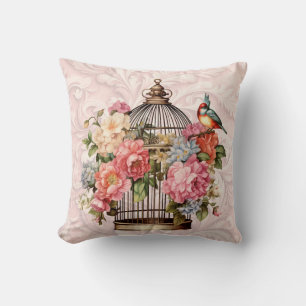 Coussin Cage à oiseaux floral aquarelle vintage romantique