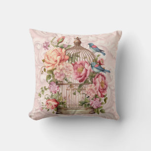 Coussin Cage à oiseaux floral aquarelle vintage romantique