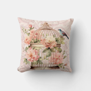 Coussin Cage à oiseaux floral aquarelle vintage romantique