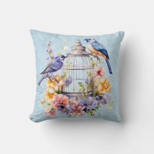 Coussin Cage à oiseaux floral aquarelle vintage romantique