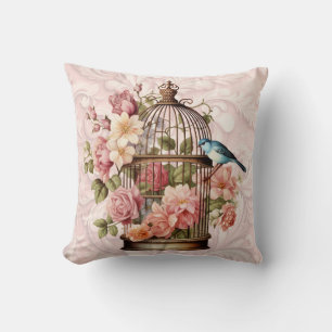 Coussin Cage à oiseaux florale à l'aquarelle vintage roman