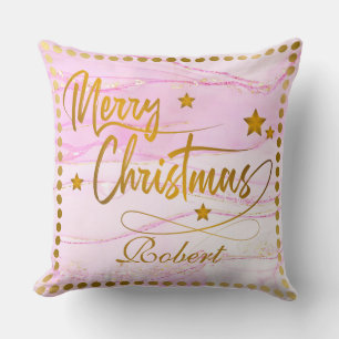 Coussin Calligraphie dorée Joyeux Noël rose personnalisé