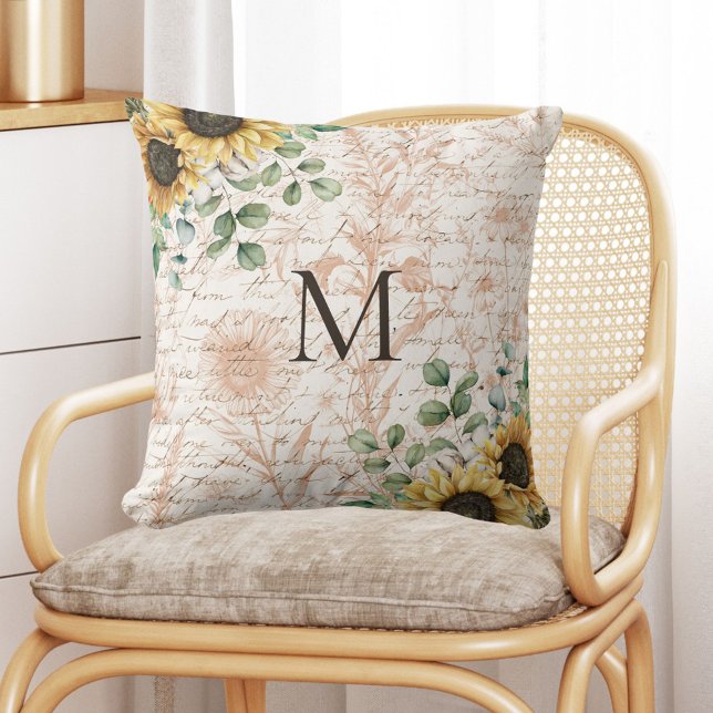 Coussin Calligraphie Tournesol Rustique Vintage Monogrammé (In situ on chair)