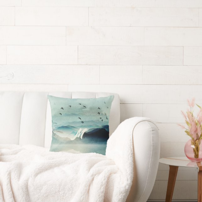 Coussin Calme Nature Aquarelle Montagne Scène Monogramme (Canapé)