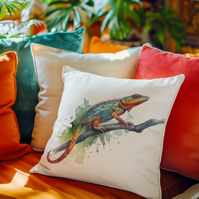 Coussin caméléon sur une branche aquarelle couleurs vives (Créateur téléchargé)