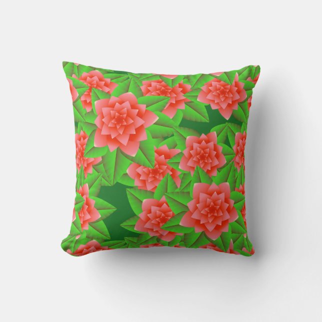 Coussin Camélias orange corail et feuilles vertes (Recto)