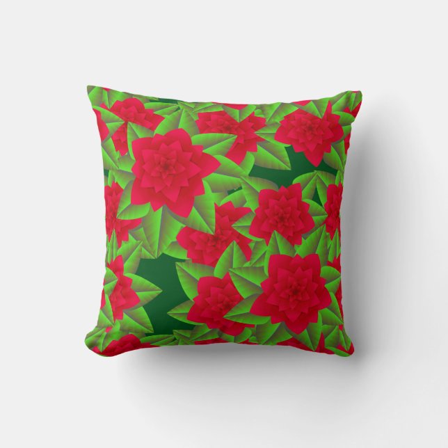 Coussin Camélias rouge foncé et feuilles vertes (Recto)