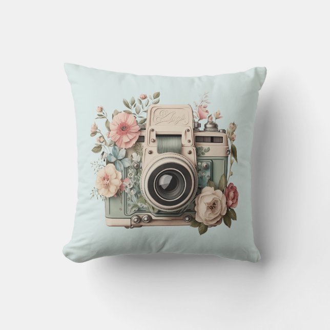 Coussin Camera with Flowers Retro Pastel Image (Recto)