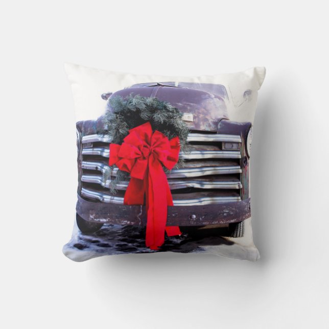 Coussin Camion antique avec couronne de Noël festive (Recto)