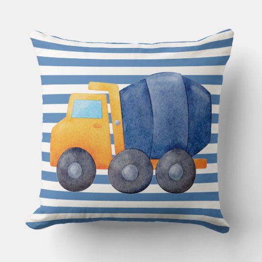 Coussin Camion ciment jaune sur Arrière - plan rayé bleu (Recto)