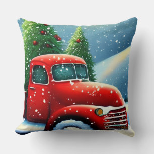 Coussin Camion rouge vintage de Noël et arbres enneigés