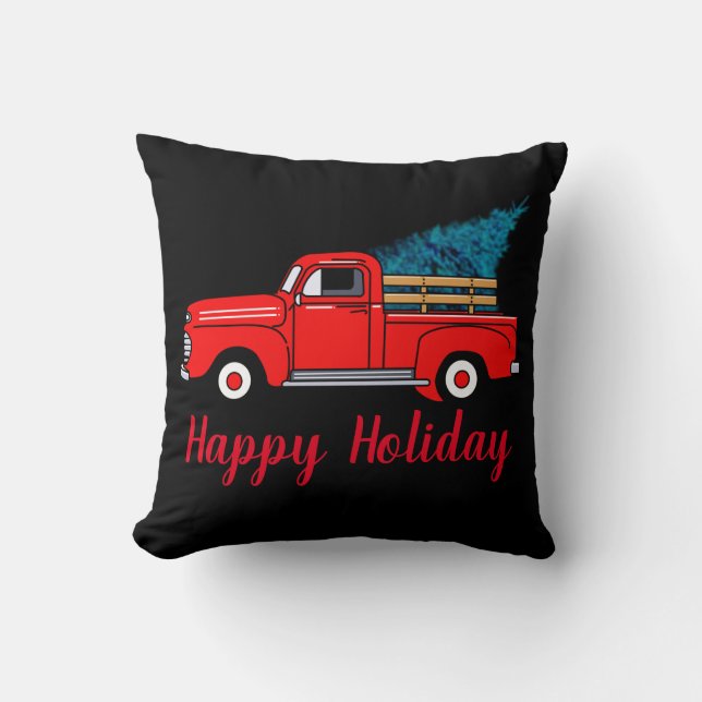 Coussin Camion rouge vintage, vacances heureuses (Recto)