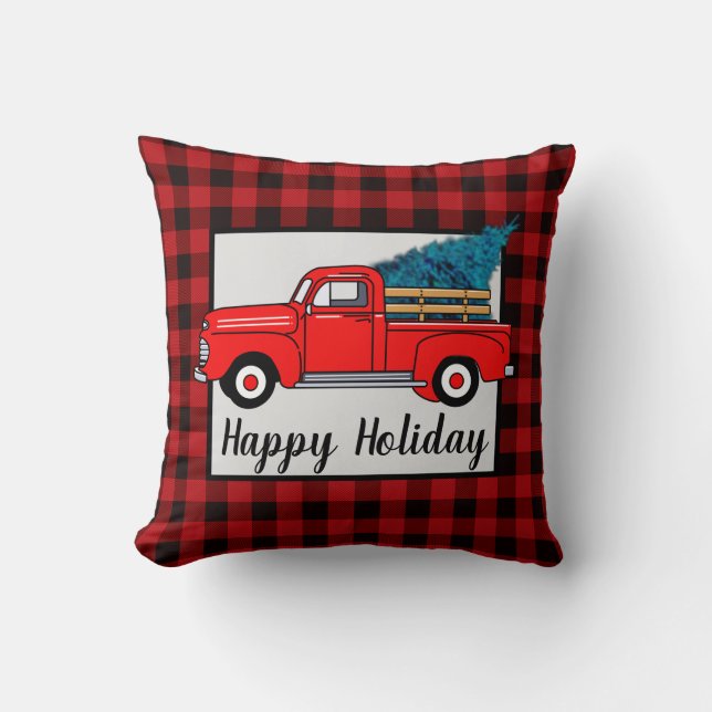 Coussin Camion rouge vintage, vacances heureuses, plaid de (Recto)