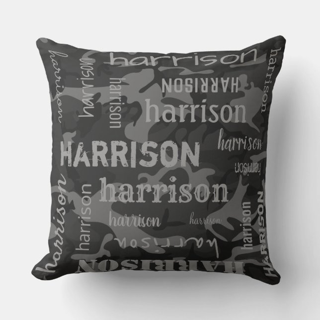 Coussin Camo Personnalisé Nom Plus Long Gris Charbon (Recto)