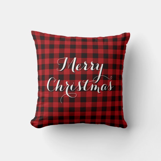 Coussin Campagne rouge et noir plaid - Joyeux Noël (Recto)