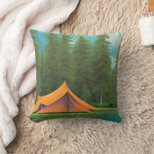 Coussin Camping Art Thématique   Tente dans les bois sur l