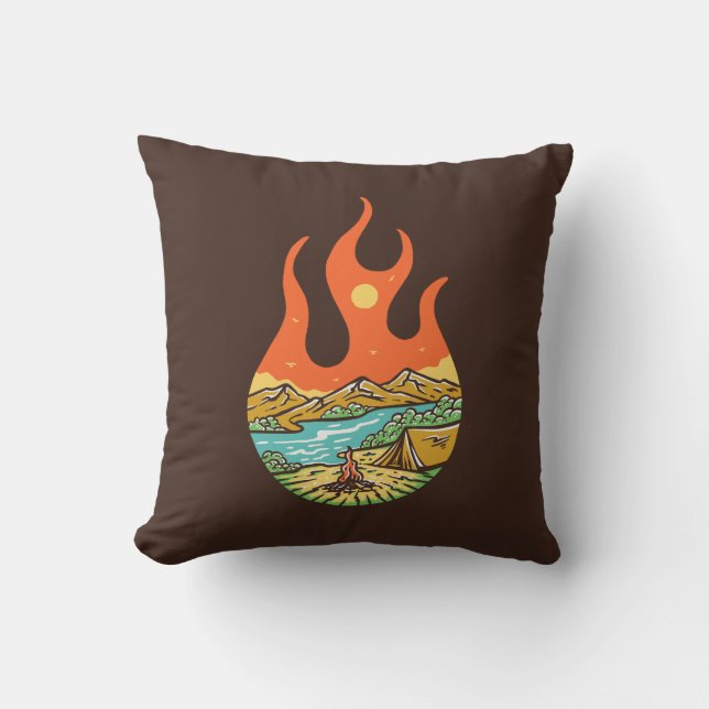 Coussin Camping en feu (Recto)