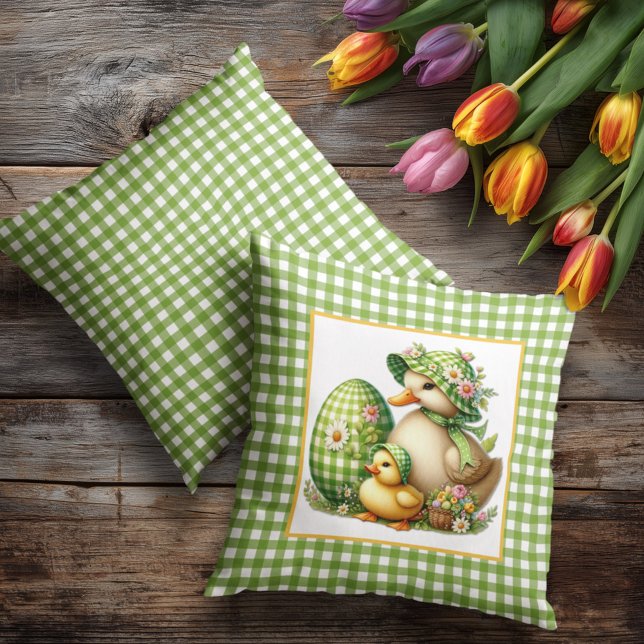 Coussin Canards de Pâques Œuf de Pâques & Fleurs sur Vichy (Créateur téléchargé)