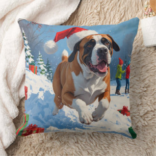 Coussin Cane Corso courant dans la neige avec un chapeau d