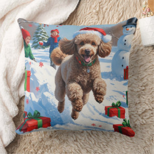 Coussin Caniche courant dans la neige avec un chapeau de N