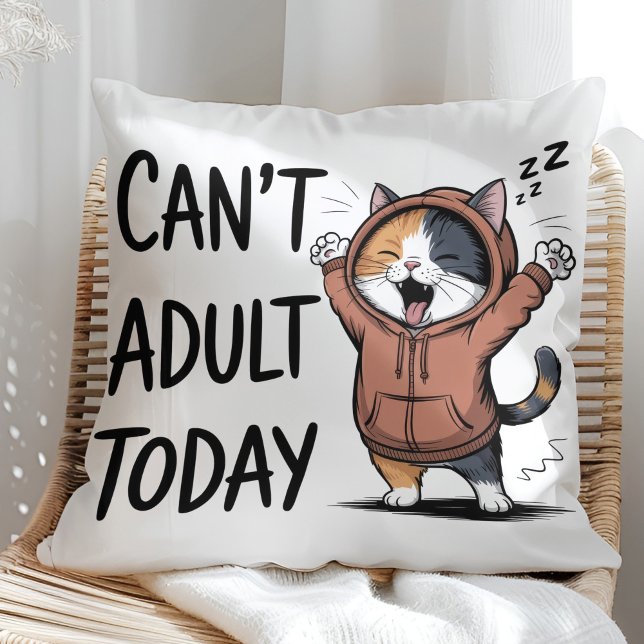Coussin "Can't Adult Today" Funny Cat ("Can't Adult Today" Funny Cat Throw Pillow in a sunny boho neutral rattan chair)