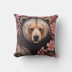 Coussin Captivant Brown Ours Gaze Fleurs roses