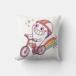 Coussin Caractère joyeux de dessin sur vélo avec arc-en-ci