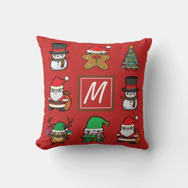 Coussin Caractères caricaturaux de Noël mignons Monogramme (Recto)