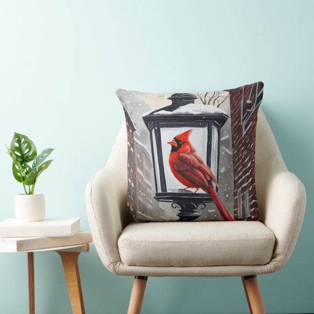 Coussin Cardinal Bird Sat Sur Une Lanterne Rue Couverte De (Chaise)