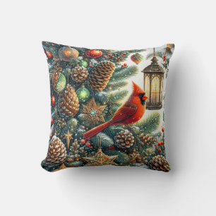Coussin Cardinal de Noël avec pommes de pin et lanternes