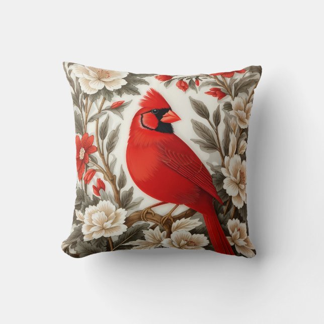 Coussin Cardinal du Nord Oiseau Belle Flore (Recto)
