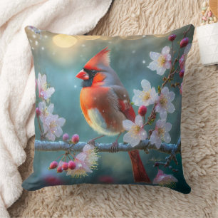 Coussin Cardinal mâle au clair de lune Cerisiers en fleurs