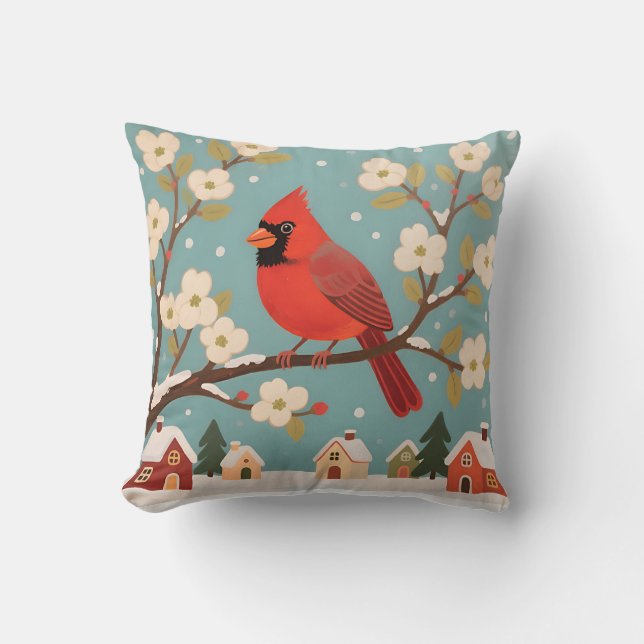Coussin Cardinal rouge sur branche d'hiver (Recto)
