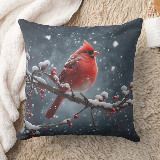 Coussin Cardinal rouge sur la branche de l'arbre en neige (Couverture)