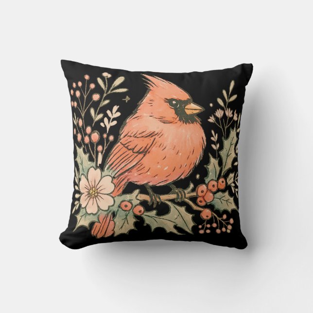 Coussin Cardinal vintage aux fleurs d'hiver (Recto)