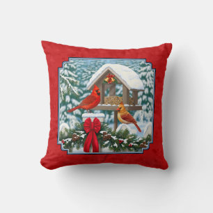 Coussin Cardinaux de Noël Mangeoire Rouge