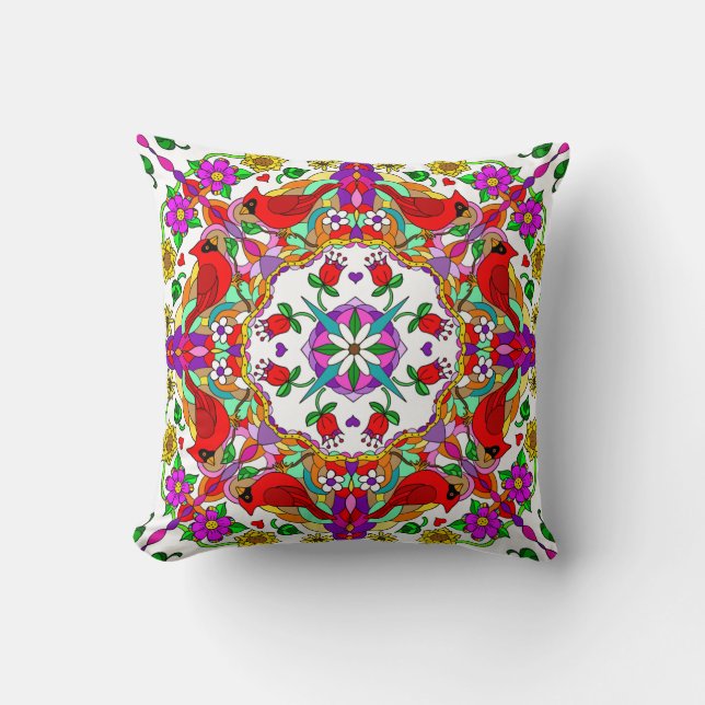 Coussin Cardinaux et Fleurs Mandala Plutôt coloré (Recto)