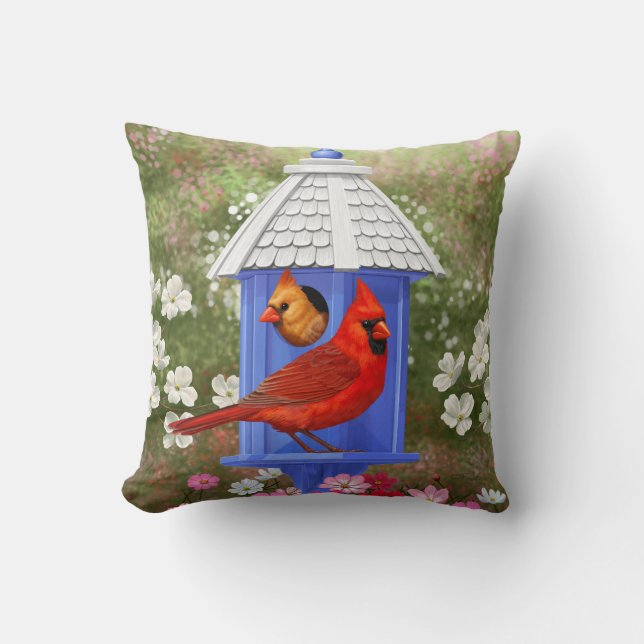 Coussin Cardinaux et maison d'oiseaux bleue (Recto)
