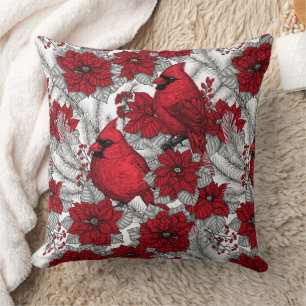 Coussin Cardinaux et poinsettia en rouge et blanc