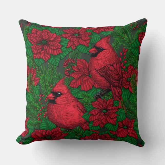 Coussin Cardinaux et poinsettia pour Noël (Recto)