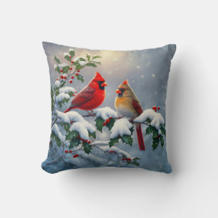 Coussin Cardinaux rouges et Holly en neige
