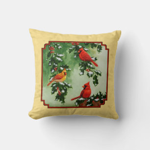 Coussin Cardinaux rouges et houx jaune