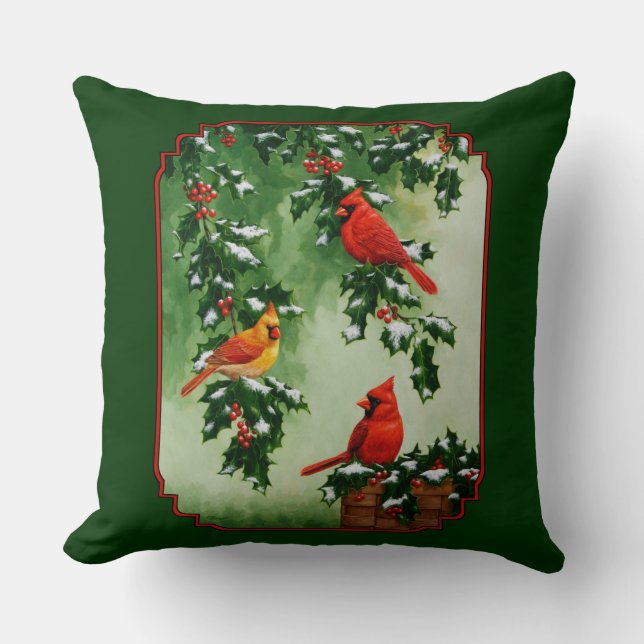 Coussin Cardinaux rouges et houx réversible (Recto)
