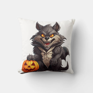 Coussin Caricature de loup effrayant avec un citrouille d'
