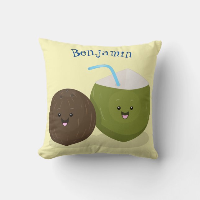 Coussin Caricature de noix de coco kawaii joyeux (Recto)